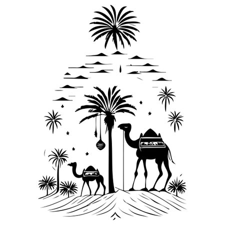 Desert Camel Mosque ramadan ornament palm tree illustration sketch hand draw elementのイラスト素材