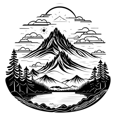 Art Nouveau doodle sketch Mountain lake illustration draw elementのイラスト素材