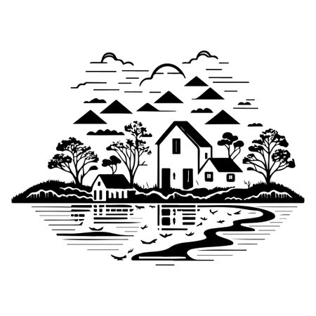 Village river graphic illustration sketch hand draw elementのイラスト素材