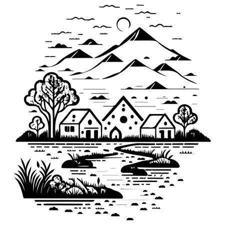 Village river graphic illustration sketch hand draw elementのイラスト素材