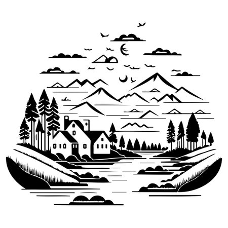 Village river graphic illustration sketch hand draw elementのイラスト素材