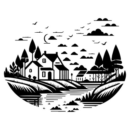 Village river graphic illustration sketch hand draw elementのイラスト素材