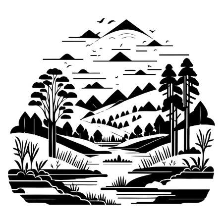 Village river graphic illustration sketch hand draw elementのイラスト素材