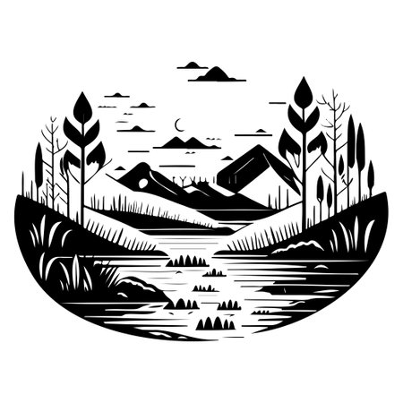 Village river graphic illustration sketch hand draw elementのイラスト素材