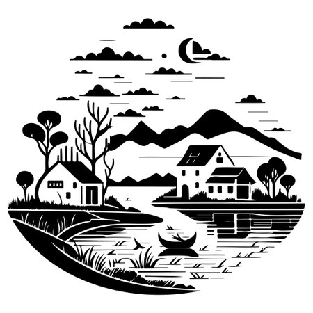 Village river graphic illustration sketch hand draw elementのイラスト素材