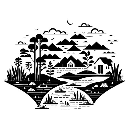 Village river graphic illustration sketch hand draw elementのイラスト素材