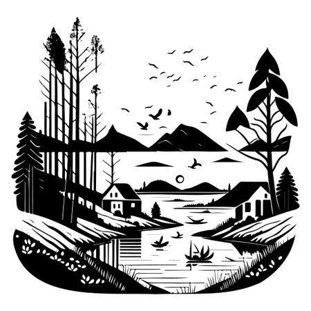 Village river graphic illustration sketch hand draw elementのイラスト素材