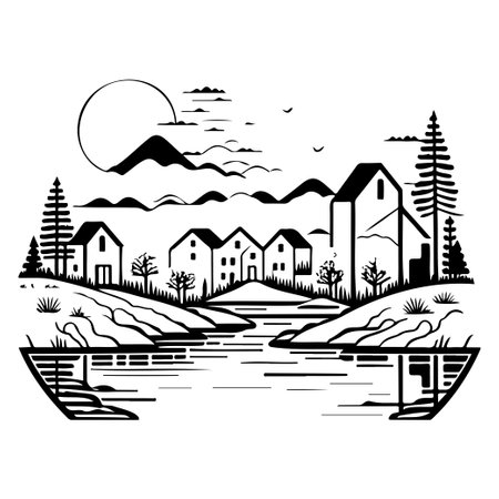 Village river graphic illustration sketch hand draw elementのイラスト素材