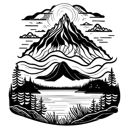 Art Nouveau doodle sketch Mountain lake illustration draw element blackのイラスト素材