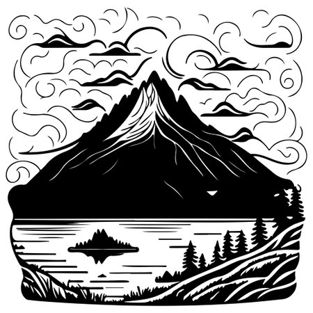 Art Nouveau doodle Mountain lake illustration draw element blackのイラスト素材
