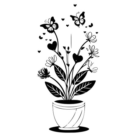 valentine pot flower love with butterfly illustration sketch hand draw elementのイラスト素材