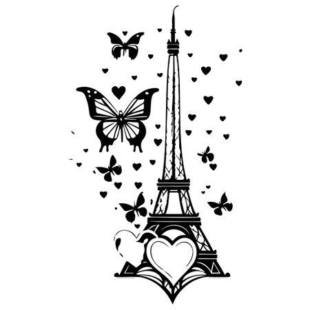 Eiffel Tower with Butterfly love heart valentine illustration hand draw elementのイラスト素材