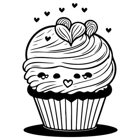 Monoline cute muffin with heart illustration sketch hand draw elementのイラスト素材
