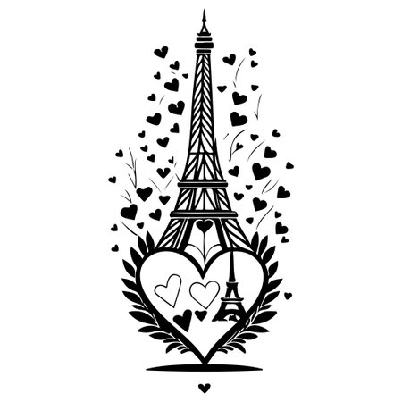 Eiffel Tower with Butterfly love heart valentine illustration draw elementのイラスト素材