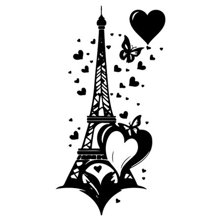 Eiffel Tower with Butterfly love heart valentine illustration draw elementのイラスト素材