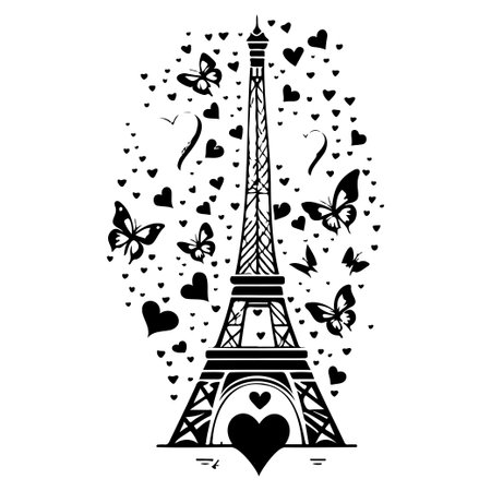 Eiffel Tower with Butterfly love heart valentine illustration draw elementのイラスト素材