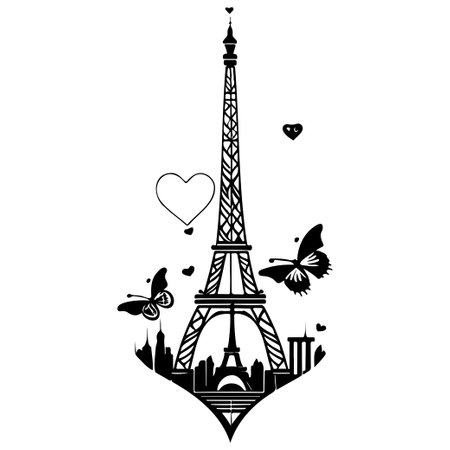 Eiffel Tower with Butterfly love heart valentine illustration draw elementのイラスト素材