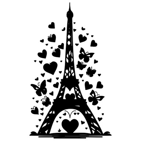 Eiffel Tower with Butterfly love heart valentine illustration draw elementのイラスト素材