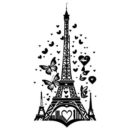 Eiffel Tower with Butterfly love heart valentine illustration draw elementのイラスト素材