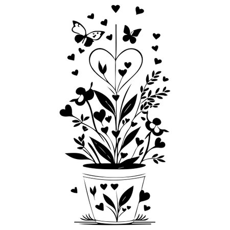 valentine pot flower love with butterfly illustration hand draw elementのイラスト素材