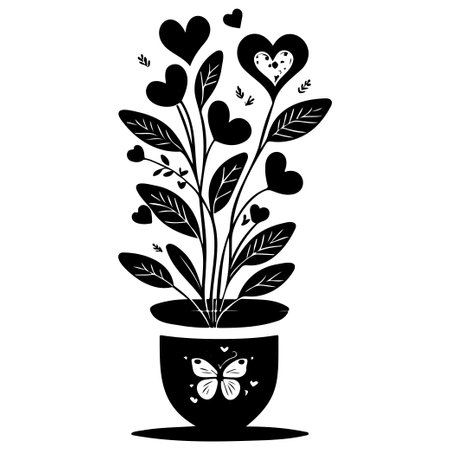 valentine pot flower love with butterfly illustration hand draw elementのイラスト素材