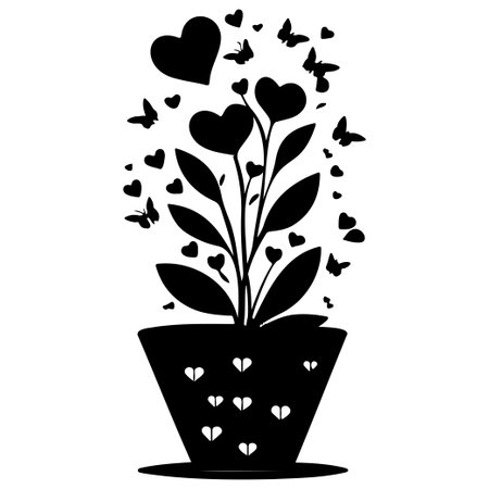 valentine pot flower love with butterfly illustration hand draw elementのイラスト素材