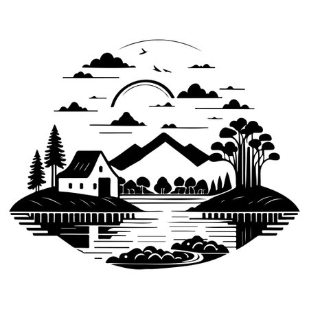 Village river graphic illustration sketch draw elementのイラスト素材