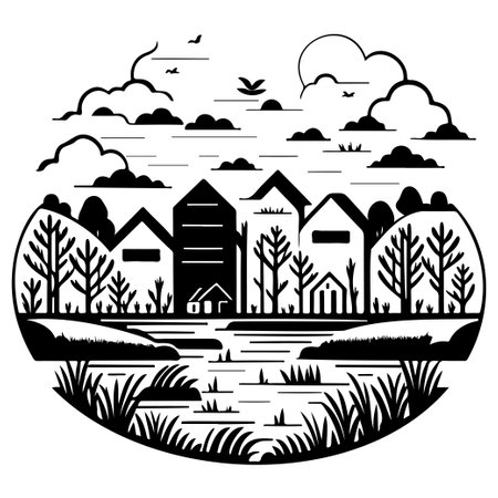 Village river graphic illustration sketch draw elementのイラスト素材