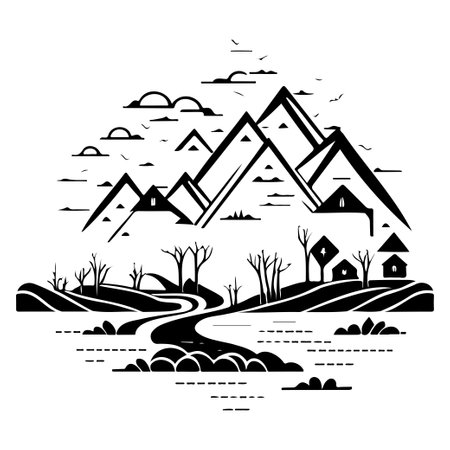 Village river graphic illustration sketch draw elementのイラスト素材