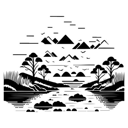 Village river graphic illustration sketch draw elementのイラスト素材