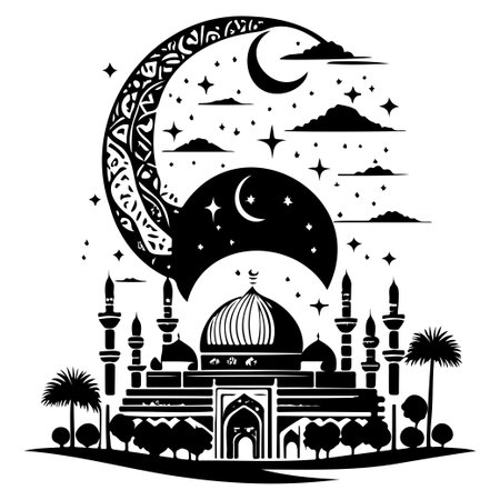 Ramadan kareem moon jerusalem Mosque illustration draw element blackのイラスト素材
