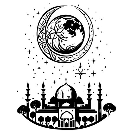 Ramadan kareem moon jerusalem Mosque illustration draw element blackのイラスト素材
