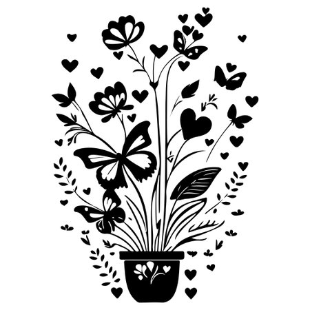 valentine pot flower love butterfly illustration sketch hand draw elementのイラスト素材