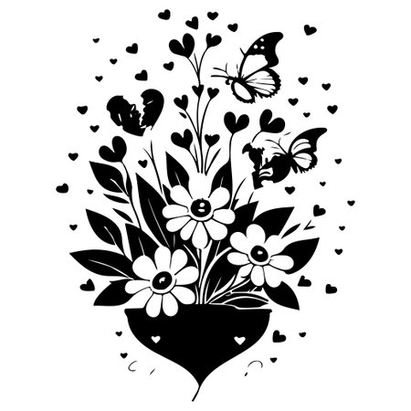 valentine pot flower love butterfly illustration sketch hand draw elementのイラスト素材