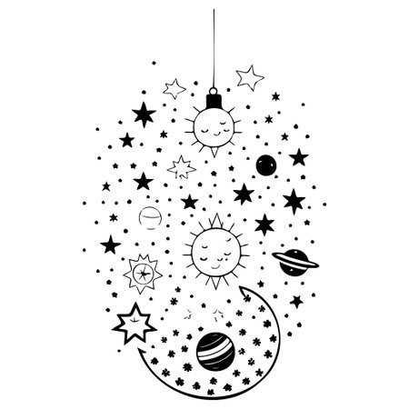 doodle space kids hanging star planet illustration sketch hand draw elementのイラスト素材