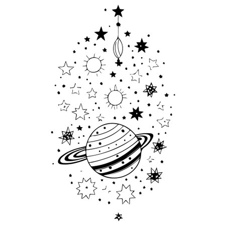 doodle space kids hanging star planet illustration sketch hand draw elementのイラスト素材
