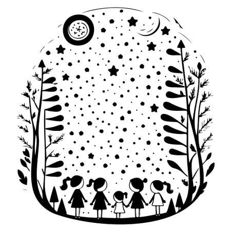 winter forest watching shooting stars illustration sketch hand draw elementのイラスト素材