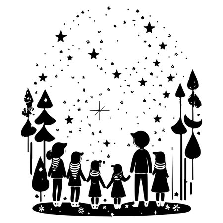 winter forest watching shooting stars illustration sketch hand draw elementのイラスト素材