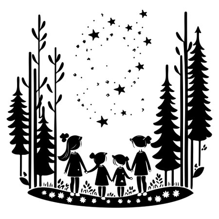 winter forest watching shooting stars illustration sketch hand draw elementのイラスト素材