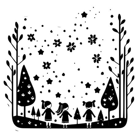 winter forest watching shooting stars illustration sketch hand draw elementのイラスト素材