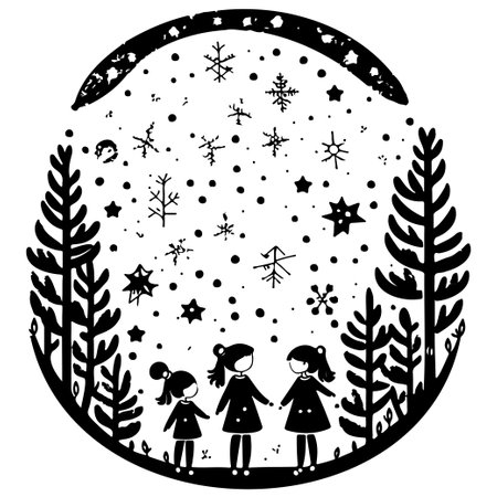 winter forest watching shooting stars illustration sketch hand draw elementのイラスト素材