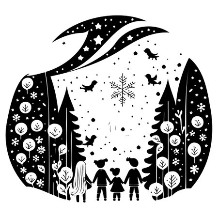 winter forest watching shooting stars illustration sketch hand draw elementのイラスト素材