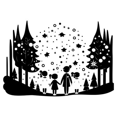 winter forest watching shooting stars illustration sketch hand draw elementのイラスト素材
