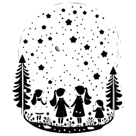 winter forest watching shooting stars illustration sketch hand draw elementのイラスト素材