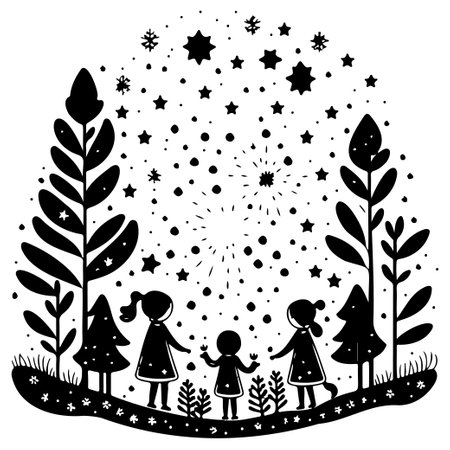 winter forest watching shooting stars illustration sketch hand draw elementのイラスト素材