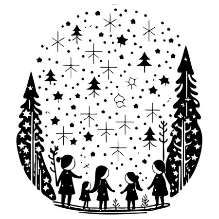 winter forest watching shooting stars illustration sketch hand draw elementのイラスト素材