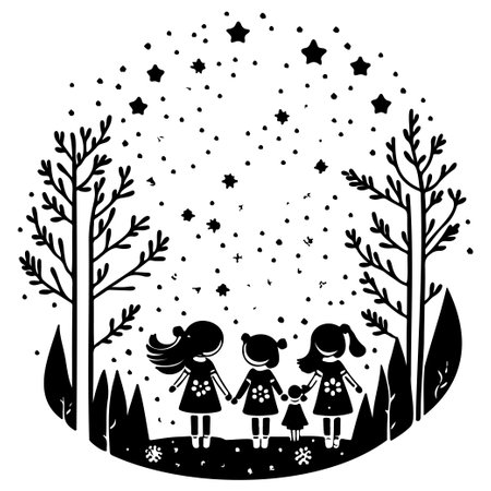 winter forest watching shooting stars illustration sketch hand draw elementのイラスト素材