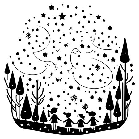 winter forest watching shooting stars illustration sketch hand draw elementのイラスト素材
