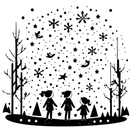 winter forest watching shooting stars illustration sketch hand draw elementのイラスト素材