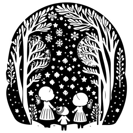 winter forest watching shooting stars illustration sketch hand draw elementのイラスト素材